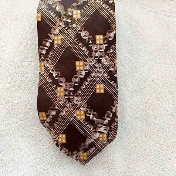 Vintage Pierre Cardin Men’s Brown Plaid Geometric Retro Silk Tie - Picture 4 of 6